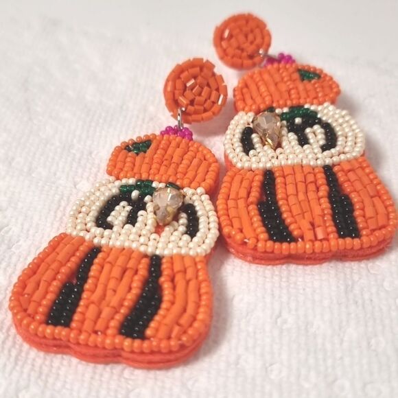 PUMPKIN STACK beaded rhinestone fall autumn earrings - Picture 6 of 9